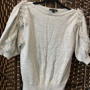 Ann Taylor Light Gray Fringe-Trim Crewneck Sweater